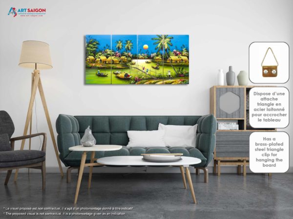 Tableau en Bois Laqué Peint, Motif Campagne du Vietnam. Peinture et Panneau Murale du Vietnam. Boutique de Décoration et Artisanat du Vietnam