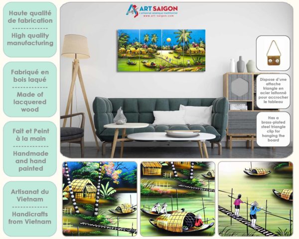Tableau en Bois Laqué Peint, Motif Campagne du Vietnam. Peinture et Panneau Murale du Vietnam. Boutique de Décoration et Artisanat du Vietnam