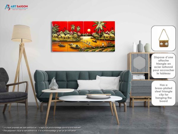 Tableau en Bois Laqué Peint, Motif Campagne du Vietnam. Peinture et Panneau Murale du Vietnam. Boutique de Décoration et Artisanat du Vietnam