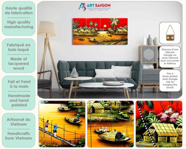 Tableau en Bois Laqué Peint, Motif Campagne du Vietnam. Peinture et Panneau Murale du Vietnam. Boutique de Décoration et Artisanat du Vietnam