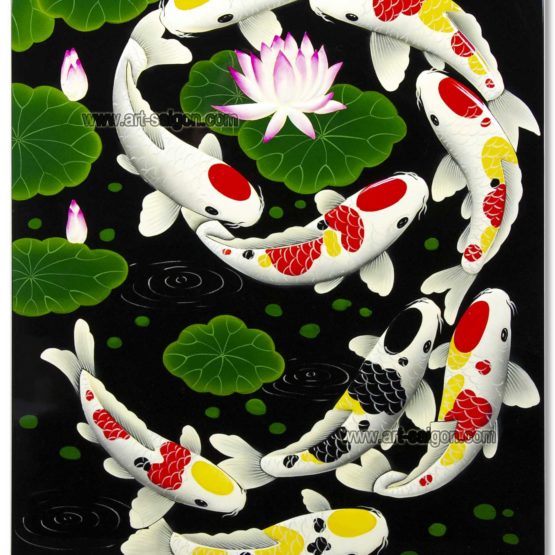 Tableau en Bois Laqué Peint, Motif Fleur de Lotus et 9 Poissons Carpe Koï. Décoration et Artisanat du Vietnam. Article vendu par la Boutique Art-saigon.com