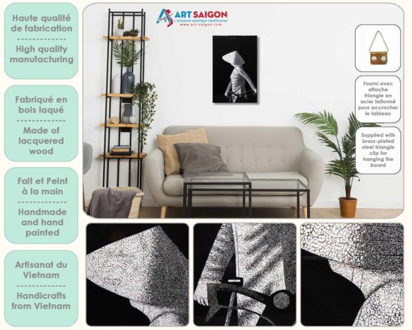 Tableau en Bois Laqué et Coquille d'Œuf, Motif Femme Vietnamienne. Décoration et Artisanat du Vietnam. Article vendu par la Boutique Art-saigon.com