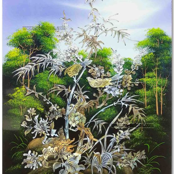Tableau en Bois Laqué et Nacre, Motif Couple d'oiseaux et Fleur de Cerisier. Peinture et Panneau Murale du Vietnam. Boutique de Décoration et Artisanat du Vietnam