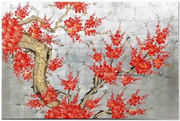 Tableau en Bois Laqué Argenté, Peint à la main, Motif Fleur de Cerisier. Peinture et Panneau Murale du Vietnam. Décoration et Artisanat Asiatique |Article vendu par la Boutique Art-Saigon.com