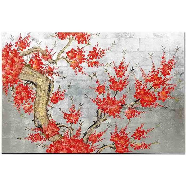 Tableau en Bois Laqué Argenté, Peint à la main, Motif Fleur de Cerisier. Peinture et Panneau Murale du Vietnam. Décoration et Artisanat Asiatique |Article vendu par la Boutique Art-Saigon.com