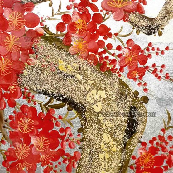 Tableau en Bois Laqué Argenté, Peint à la main, Motif Fleur de Cerisier. Peinture et Panneau Murale du Vietnam. Décoration et Artisanat Asiatique |Article vendu par la Boutique Art-Saigon.com