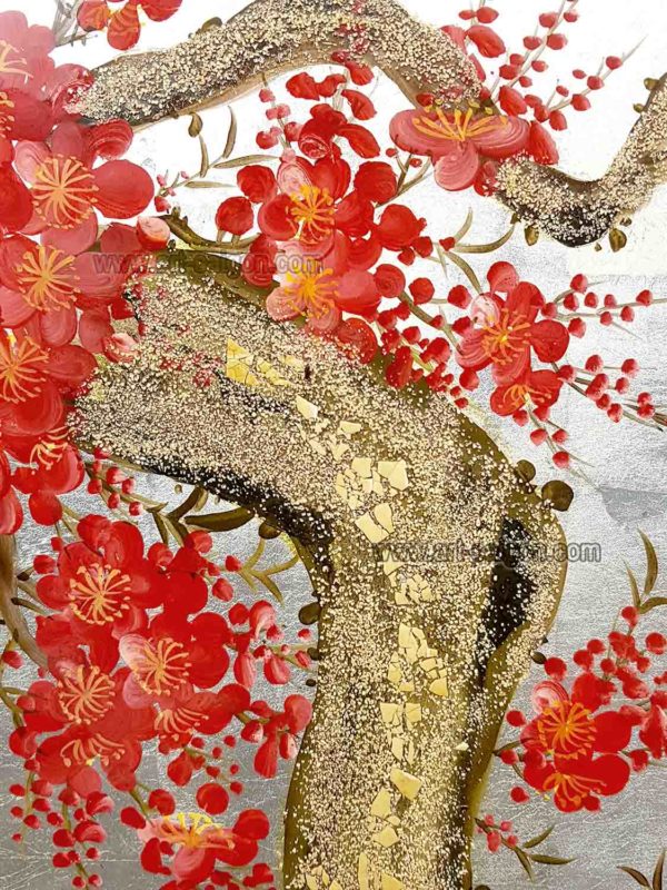 Tableau en Bois Laqué Argenté, Peint à la main, Motif Fleur de Cerisier. Peinture et Panneau Murale du Vietnam. Décoration et Artisanat Asiatique |Article vendu par la Boutique Art-Saigon.com