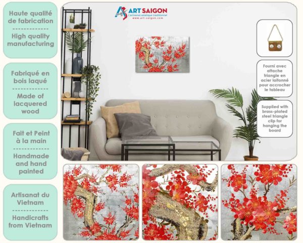 Tableau en Bois Laqué Argenté, Peint à la main, Motif Fleur de Cerisier. Peinture et Panneau Murale du Vietnam. Décoration et Artisanat Asiatique |Article vendu par la Boutique Art-Saigon.com
