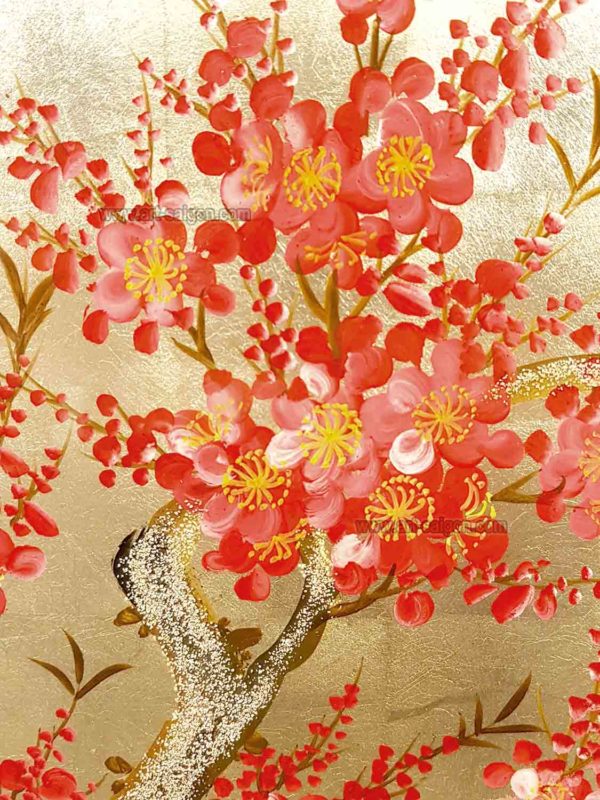 Tableau en Bois Laqué Doré, Peint à la main, Motif Fleur de Cerisier. Peinture et Panneau Murale du Vietnam. Décoration et Artisanat Asiatique |Article vendu par la Boutique Art-Saigon.com