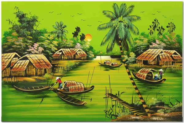 Tableau en Bois Laqué Peint, Fabriqué à la main, Motif Campagne du Vietnam. Peinture et Panneau Murale du Vietnam. Décoration et Artisanat Asiatique | Article vendu par la Boutique Art-Saigon.com