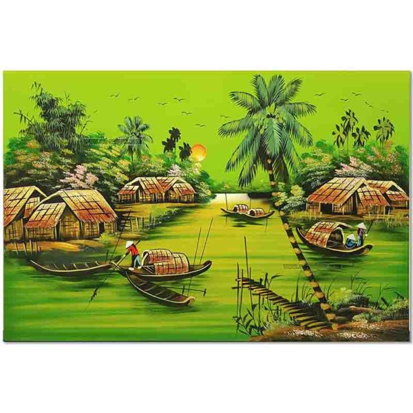Tableau en Bois Laqué Peint, Fabriqué à la main, Motif Campagne du Vietnam. Peinture et Panneau Murale du Vietnam. Décoration et Artisanat Asiatique | Article vendu par la Boutique Art-Saigon.com