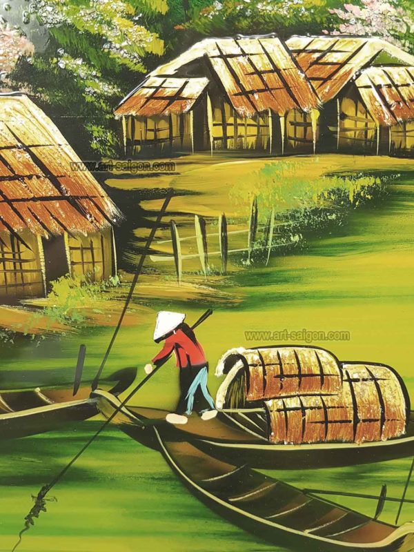 Tableau en Bois Laqué Peint, Fabriqué à la main, Motif Campagne du Vietnam. Peinture et Panneau Murale du Vietnam. Décoration et Artisanat Asiatique | Article vendu par la Boutique Art-Saigon.com