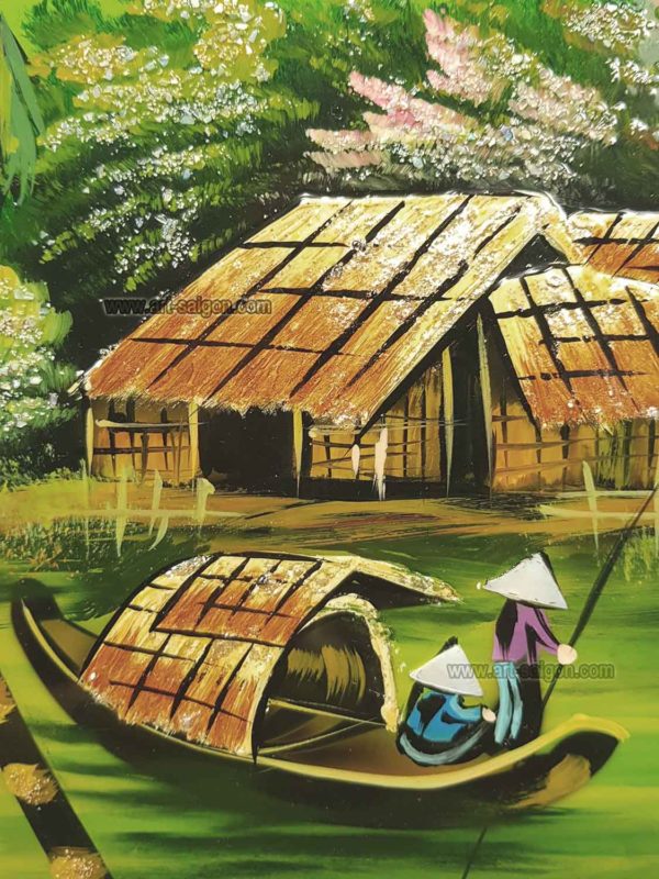 Tableau en Bois Laqué Peint, Fabriqué à la main, Motif Campagne du Vietnam. Peinture et Panneau Murale du Vietnam. Décoration et Artisanat Asiatique | Article vendu par la Boutique Art-Saigon.com