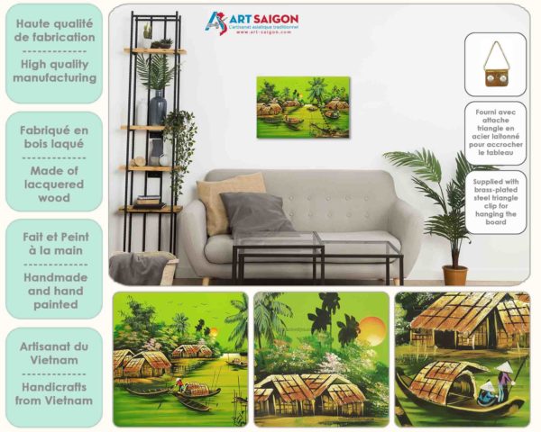 Tableau en Bois Laqué Peint, Fabriqué à la main, Motif Campagne du Vietnam. Peinture et Panneau Murale du Vietnam. Décoration et Artisanat Asiatique | Article vendu par la Boutique Art-Saigon.com