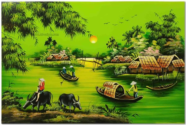 Tableau en Bois Laqué Peint, Fabriqué à la main, Motif Campagne du Vietnam. Peinture et Panneau Murale du Vietnam. Décoration et Artisanat Asiatique | Article vendu par la Boutique Art-Saigon.com
