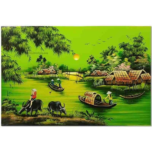 Tableau en Bois Laqué Peint, Fabriqué à la main, Motif Campagne du Vietnam. Peinture et Panneau Murale du Vietnam. Décoration et Artisanat Asiatique | Article vendu par la Boutique Art-Saigon.com