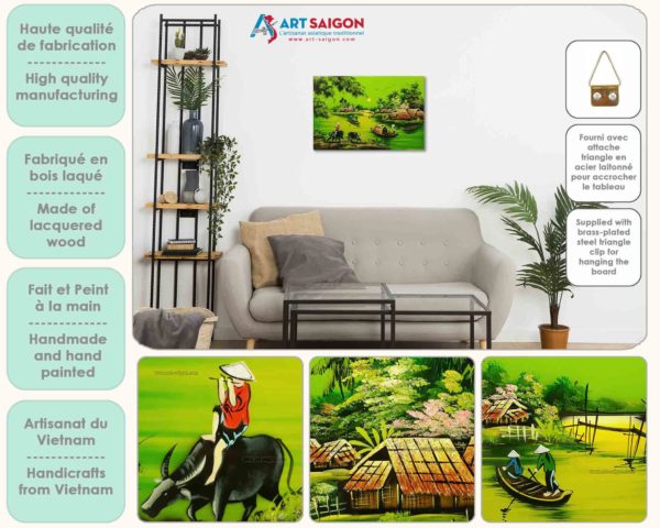 Tableau en Bois Laqué Peint, Fabriqué à la main, Motif Campagne du Vietnam. Peinture et Panneau Murale du Vietnam. Décoration et Artisanat Asiatique | Article vendu par la Boutique Art-Saigon.com