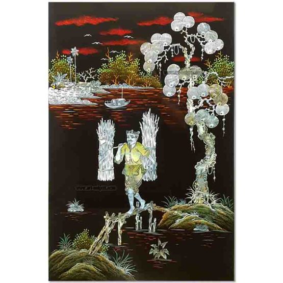 Tableau en Bois Laqué et Nacre, Fabriqué à la main, Motif Campagne du Vietnam. Peinture et Panneau Murale du Vietnam. Décoration et Artisanat Asiatique | Article vendu par la Boutique Art-Saigon.com