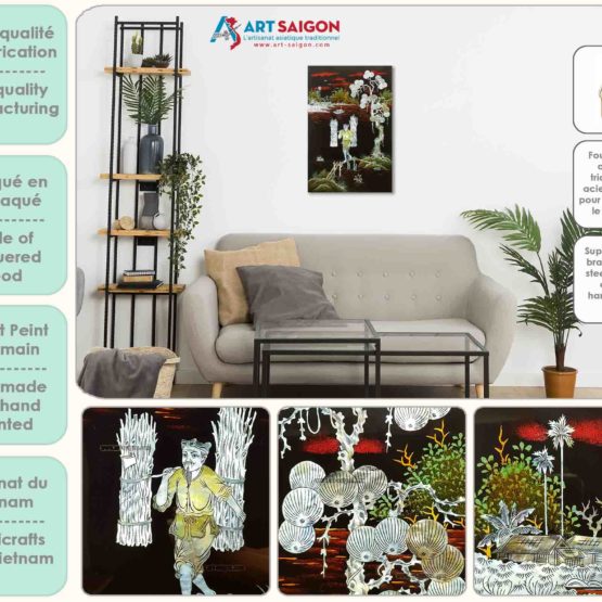 Tableau en Bois Laqué et Nacre, Fabriqué à la main, Motif Campagne du Vietnam. Peinture et Panneau Murale du Vietnam. Décoration et Artisanat Asiatique | Article vendu par la Boutique Art-Saigon.com