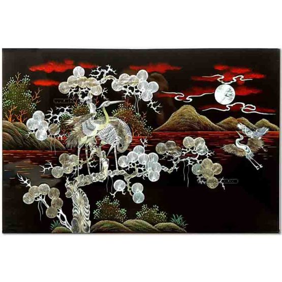 Tableau en Bois Laqué et Nacre, Fabriqué à la main, Motif Couple de Grue. Peinture et Panneau Murale du Vietnam. Décoration et Artisanat Asiatique | Article vendu par la Boutique Art-Saigon.com