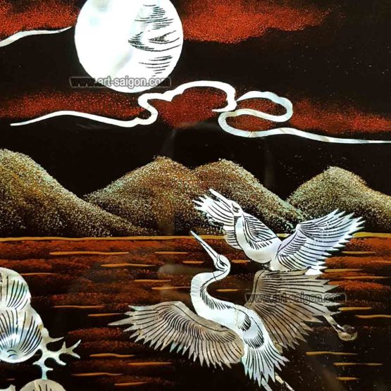 Tableau en Bois Laqué et Nacre, Fabriqué à la main, Motif Couple de Grue. Peinture et Panneau Murale du Vietnam. Décoration et Artisanat Asiatique | Article vendu par la Boutique Art-Saigon.com