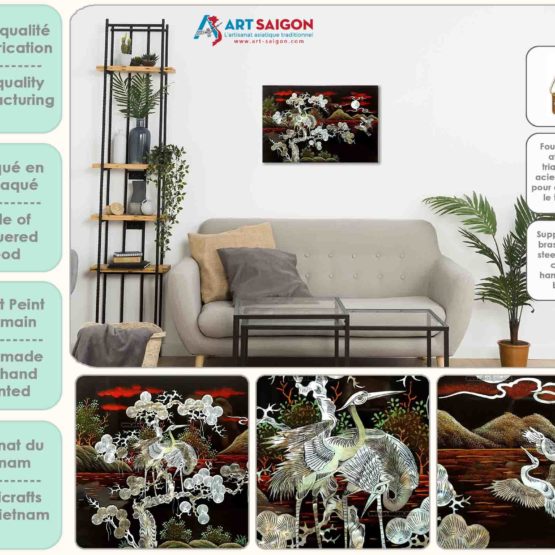 Tableau en Bois Laqué et Nacre, Fabriqué à la main, Motif Couple de Grue. Peinture et Panneau Murale du Vietnam. Décoration et Artisanat Asiatique | Article vendu par la Boutique Art-Saigon.com