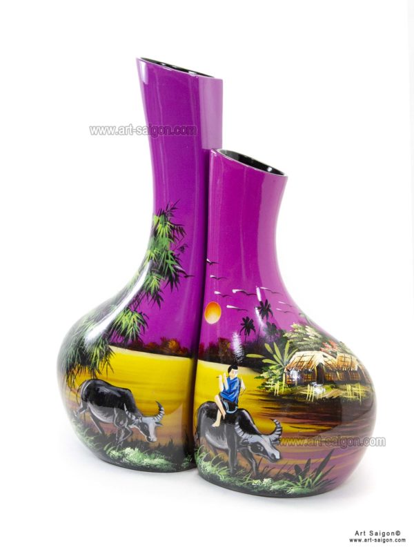 Vase Couple en Bois Laqué Peint, Fabriqué à la main. Pot de Fleur, Motif Campagne du Vietnam | Décoration et Artisanat Asiatique - Article vendu par la Boutique Art-Saigon.com