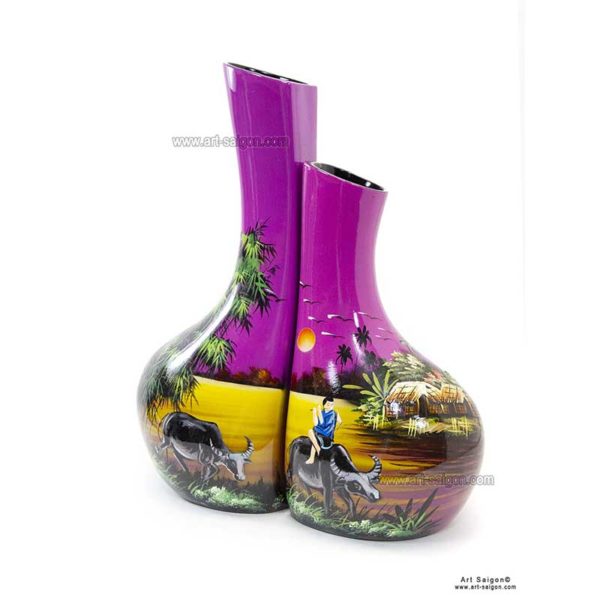 Vase Couple en Bois Laqué Peint, Fabriqué à la main. Pot de Fleur, Motif Campagne du Vietnam | Décoration et Artisanat Asiatique - Article vendu par la Boutique Art-Saigon.com
