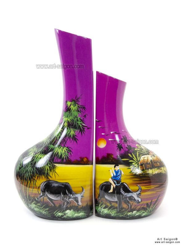 Vase Couple en Bois Laqué Peint, Fabriqué à la main. Pot de Fleur, Motif Campagne du Vietnam | Décoration et Artisanat Asiatique - Article vendu par la Boutique Art-Saigon.com