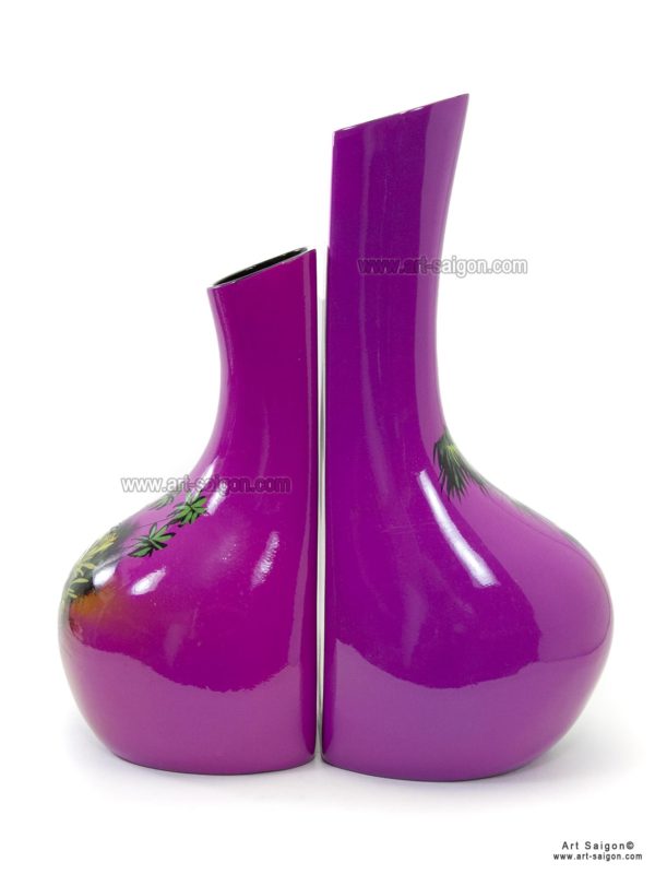 Vase Couple en Bois Laqué Peint, Fabriqué à la main. Pot de Fleur, Motif Campagne du Vietnam | Décoration et Artisanat Asiatique - Article vendu par la Boutique Art-Saigon.com