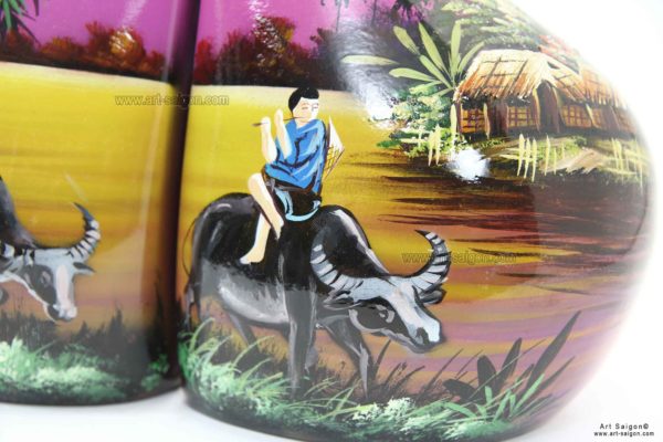 Vase Couple en Bois Laqué Peint, Fabriqué à la main. Pot de Fleur, Motif Campagne du Vietnam | Décoration et Artisanat Asiatique - Article vendu par la Boutique Art-Saigon.com