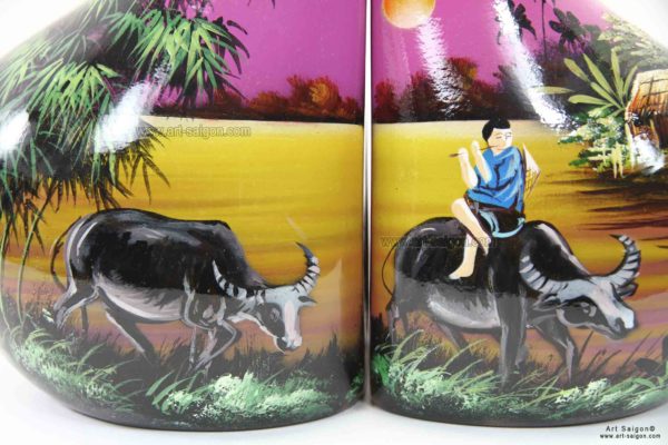 Vase Couple en Bois Laqué Peint, Fabriqué à la main. Pot de Fleur, Motif Campagne du Vietnam | Décoration et Artisanat Asiatique - Article vendu par la Boutique Art-Saigon.com