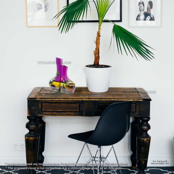 Vase Couple en Bois Laqué Peint, Fabriqué à la main. Pot de Fleur, Motif Campagne du Vietnam | Décoration et Artisanat Asiatique - Article vendu par la Boutique Art-Saigon.com