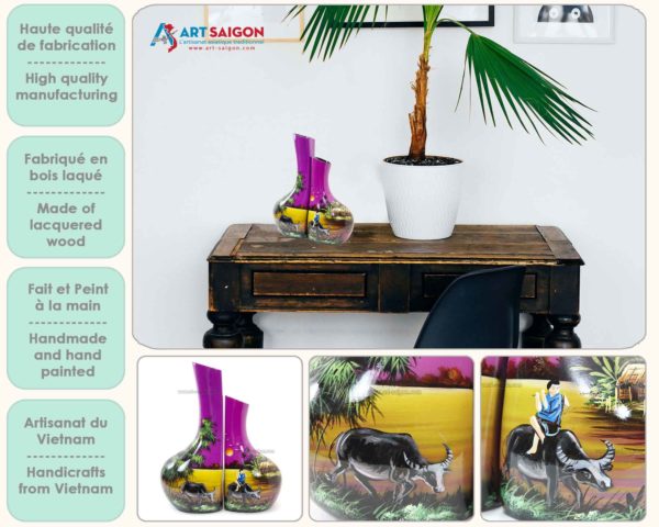 Vase Couple en Bois Laqué Peint, Fabriqué à la main. Pot de Fleur, Motif Campagne du Vietnam | Décoration et Artisanat Asiatique - Article vendu par la Boutique Art-Saigon.com
