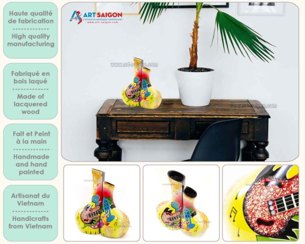 Vase Couple en Bois Laqué Peint, Fabriqué à la main. Pot de Fleur, Motif Art Moderne | Décoration et Artisanat Asiatique - Article vendu par la Boutique Art-Saigon.com