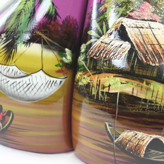 Vase Couple en Bois Laqué Peint, Fabriqué à la main. Pot de Fleur, Motif Campagne du Vietnam | Décoration et Artisanat Asiatique - Article vendu par la Boutique Art-Saigon.com