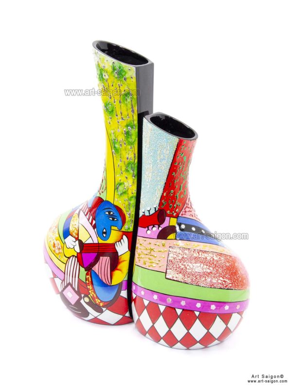 Vase Couple en Bois Laqué Peint, Fabriqué à la main. Pot de Fleur, Motif Art Moderne | Décoration et Artisanat Asiatique - Article vendu par la Boutique Art-Saigon.com