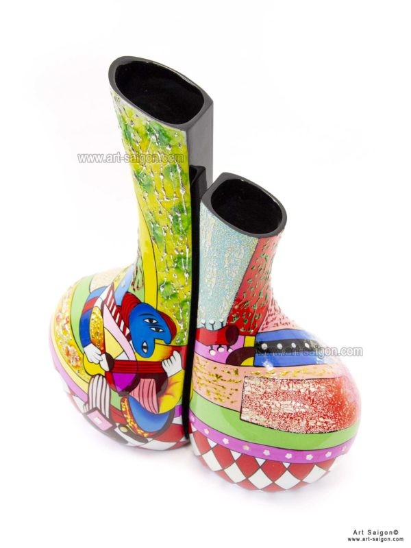 Vase Couple en Bois Laqué Peint, Fabriqué à la main. Pot de Fleur, Motif Art Moderne | Décoration et Artisanat Asiatique - Article vendu par la Boutique Art-Saigon.com