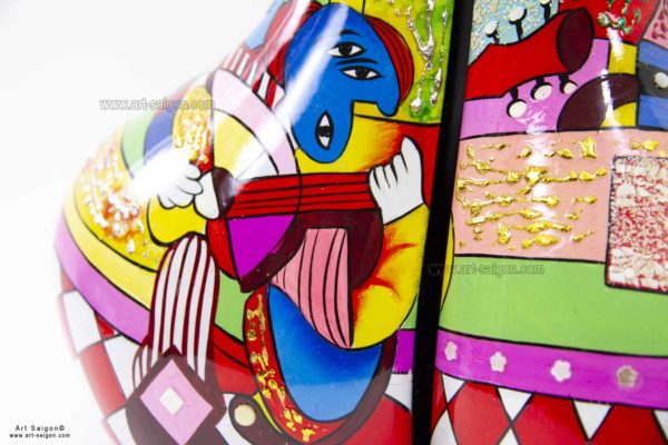 Vase Couple en Bois Laqué Peint, Fabriqué à la main. Pot de Fleur, Motif Art Moderne | Décoration et Artisanat Asiatique - Article vendu par la Boutique Art-Saigon.com
