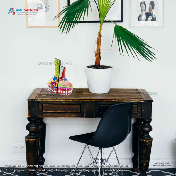 Vase Couple en Bois Laqué Peint, Fabriqué à la main. Pot de Fleur, Motif Art Moderne | Décoration et Artisanat Asiatique - Article vendu par la Boutique Art-Saigon.com