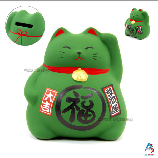Maneki Neko, Fabriqué au Japon. Chat Porte Bonheur Japonais, Couleur Vert | Décoration et Artisanat Asiatique - Article vendu par la Boutique Art-Saigon.com
