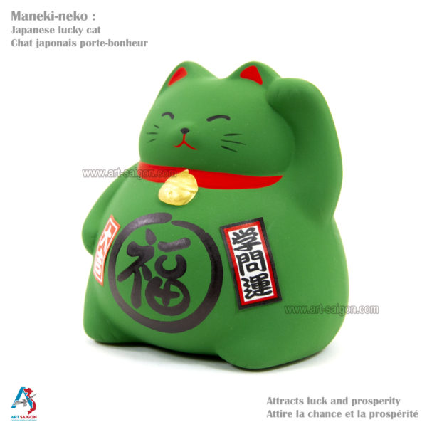 Maneki Neko, Fabriqué au Japon. Chat Porte Bonheur Japonais, Couleur Vert | Décoration et Artisanat Asiatique - Article vendu par la Boutique Art-Saigon.com