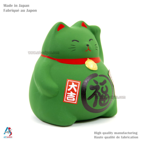 Maneki Neko, Fabriqué au Japon. Chat Porte Bonheur Japonais, Couleur Vert | Décoration et Artisanat Asiatique - Article vendu par la Boutique Art-Saigon.com