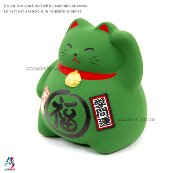 Maneki Neko, Fabriqué au Japon. Chat Porte Bonheur Japonais, Couleur Vert | Décoration et Artisanat Asiatique - Article vendu par la Boutique Art-Saigon.com