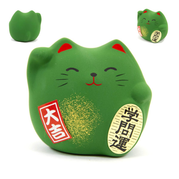 Maneki Neko, Fabriqué au Japon. Chat Porte Bonheur Japonais, Couleur Vert | Décoration et Artisanat Asiatique - Article vendu par la Boutique Art-Saigon.com