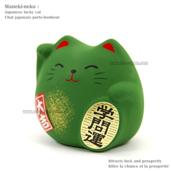 Maneki Neko, Fabriqué au Japon. Chat Porte Bonheur Japonais, Couleur Vert | Décoration et Artisanat Asiatique - Article vendu par la Boutique Art-Saigon.com