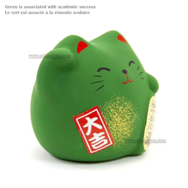 Maneki Neko, Fabriqué au Japon. Chat Porte Bonheur Japonais, Couleur Vert | Décoration et Artisanat Asiatique - Article vendu par la Boutique Art-Saigon.com