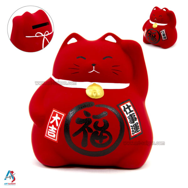Maneki Neko, Fabriqué au Japon. Chat Porte Bonheur Japonais, Couleur Rouge | Décoration et Artisanat Asiatique - Article vendu par la Boutique Art-Saigon.com
