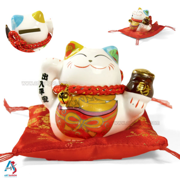 Maneki Neko, Chat Porte Bonheur Japonais, Statuette Tirelire en Porcelaine | Décoration et Artisanat Asiatique - Article vendu par la Boutique Art-Saigon.com