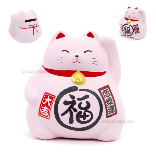 Maneki Neko, Fabriqué au Japon. Chat Porte Bonheur Japonais, Couleur Rose | Décoration et Artisanat Asiatique - Article vendu par la Boutique Art-Saigon.com